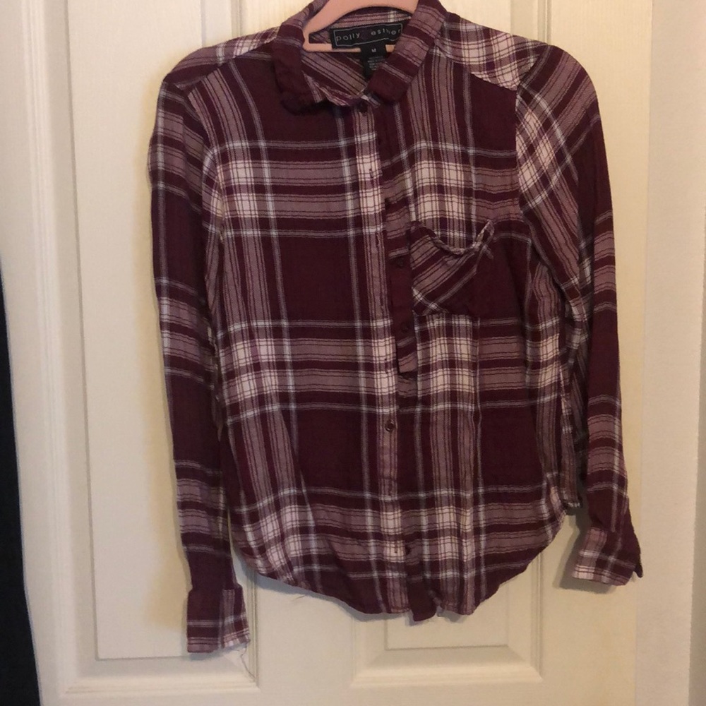 Long sleeve red and white plaid shirt